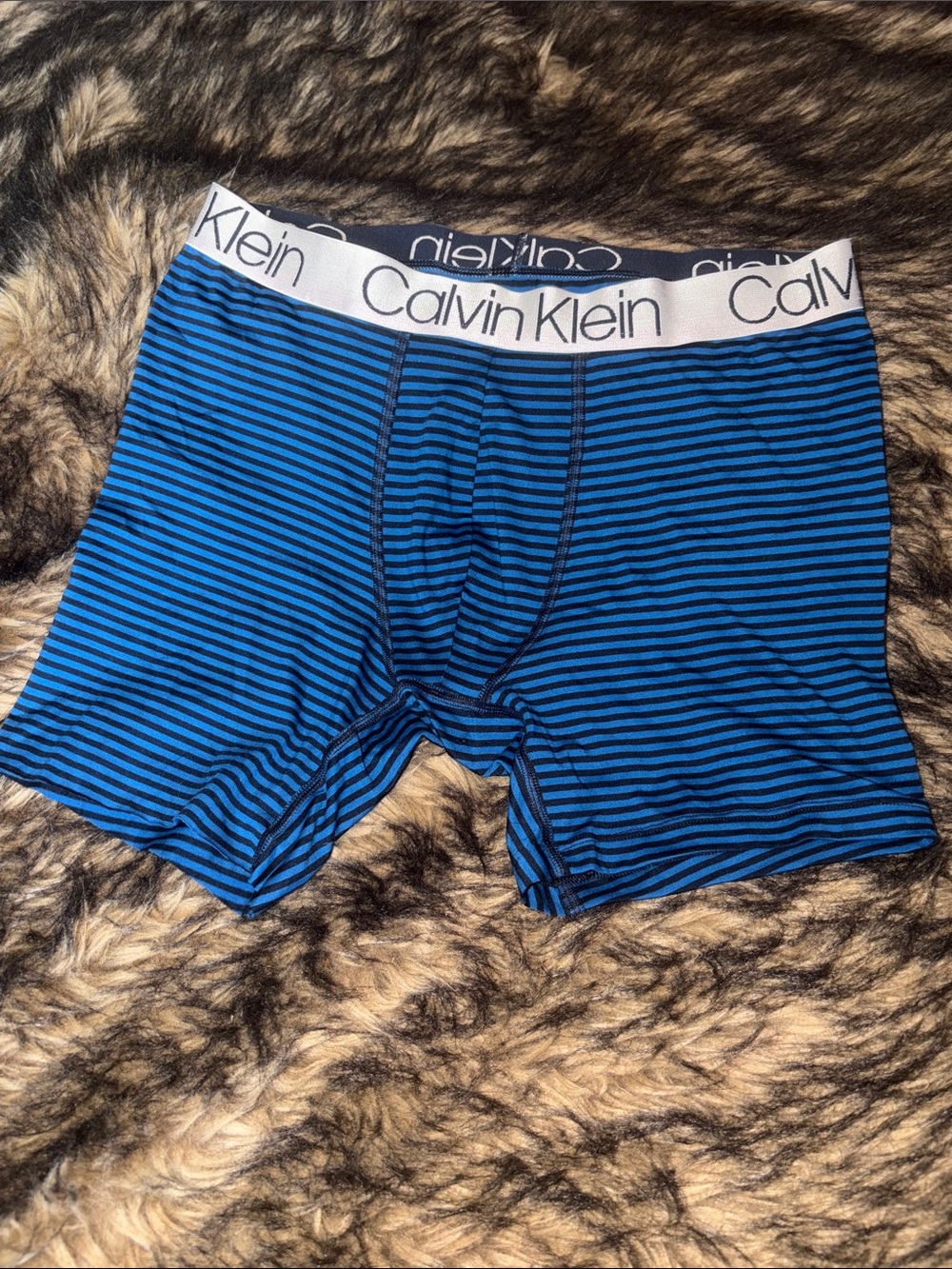 Calvin Klein Blue and Black Striped Boxer Briefs with White Logo Waistband M